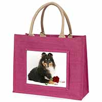 Tri-Col Sheltie with Red Rose Large Pink Jute Shopping Bag