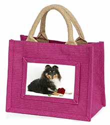 Tri-Col Sheltie with Red Rose Little Girls Small Pink Jute Shopping Bag