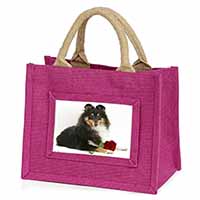 Tri-Col Sheltie with Red Rose Little Girls Small Pink Jute Shopping Bag