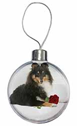 Tri-Col Sheltie with Red Rose Christmas Bauble