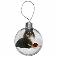 Tri-Col Sheltie with Red Rose Christmas Bauble