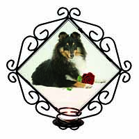 Tri-Col Sheltie with Red Rose Wrought Iron Wall Art Candle Holder