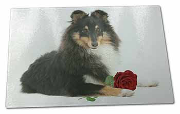 Large Glass Cutting Chopping Board Tri-Col Sheltie with Red Rose