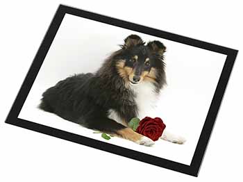 Tri-Col Sheltie with Red Rose Black Rim High Quality Glass Placemat