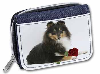 Tri-Col Sheltie with Red Rose Unisex Denim Purse Wallet