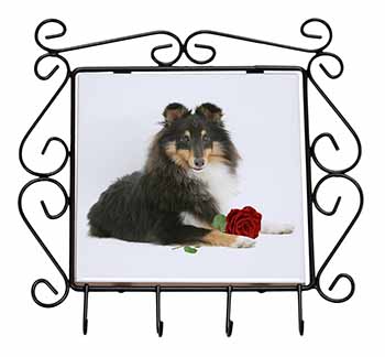 Tri-Col Sheltie with Red Rose Wrought Iron Key Holder Hooks