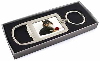 Tri-Col Sheltie with Red Rose Chrome Metal Bottle Opener Keyring in Box