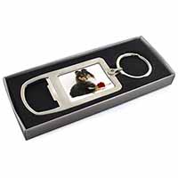 Tri-Col Sheltie with Red Rose Chrome Metal Bottle Opener Keyring in Box