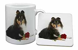 Tri-Col Sheltie with Red Rose Mug and Coaster Set