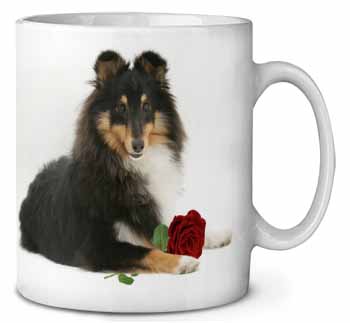 Tri-Col Sheltie with Red Rose Ceramic Coffee Mug/Tea Cup