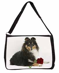 Tri-Col Sheltie with Red Rose Large Black Laptop Shoulder Bag School/College