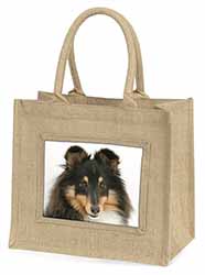 Tri-Colour Shetland Sheepdog Natural/Beige Jute Large Shopping Bag