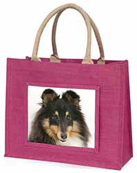 Tri-Colour Shetland Sheepdog Large Pink Jute Shopping Bag