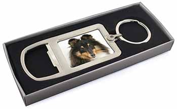 Tri-Colour Shetland Sheepdog Chrome Metal Bottle Opener Keyring in Box