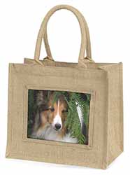 Shetland Sheepdog Natural/Beige Jute Large Shopping Bag