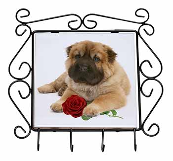 Shar Pei Dog with Red Rose Wrought Iron Key Holder Hooks