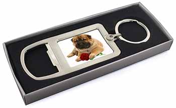 Shar Pei Dog with Red Rose Chrome Metal Bottle Opener Keyring in Box