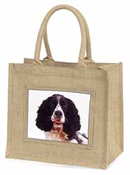 Black and White Springer Spaniel Natural/Beige Jute Large Shopping Bag