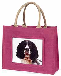 Black and White Springer Spaniel Large Pink Jute Shopping Bag