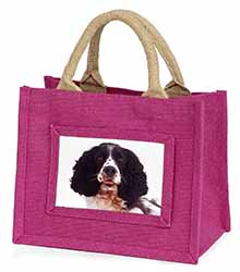 Black and White Springer Spaniel Little Girls Small Pink Jute Shopping Bag