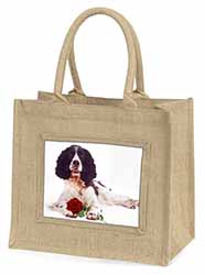 Springer Spaniel with Red Rose Natural/Beige Jute Large Shopping Bag