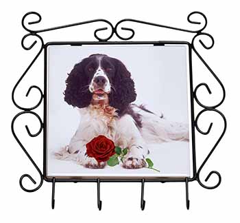 Springer Spaniel with Red Rose Wrought Iron Key Holder Hooks