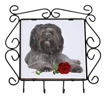 Tibetan Terrier with Red Rose Wrought Iron Key Holder Hooks