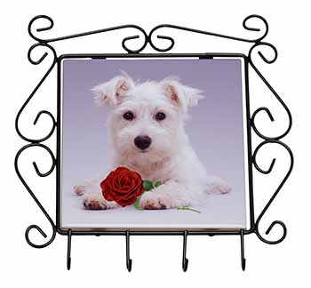 West Highland Terrier with Rose Wrought Iron Key Holder Hooks