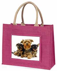 Yorkshire Terrier Dogs Large Pink Jute Shopping Bag