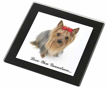 Yorkie with Red Bow Grandma Black Rim High Quality Glass Coaster