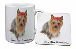 Yorkie with Red Bow Grandma Mug and Coaster Set