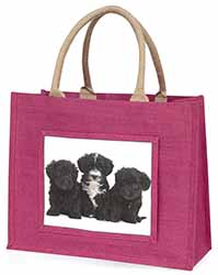 Yorkipoo Puppies Large Pink Jute Shopping Bag