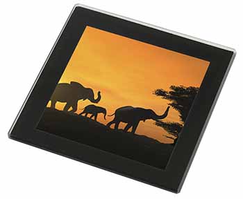 Elephants Silhouette Black Rim High Quality Glass Coaster