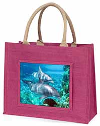 Dolphins Large Pink Jute Shopping Bag