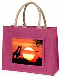 Sunset Giraffes Large Pink Jute Shopping Bag