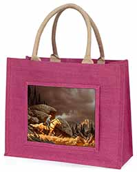 Horse Riding Cowboy Large Pink Jute Shopping Bag