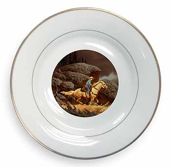 Horse Riding Cowboy Gold Rim Plate Printed Full Colour in Gift Box