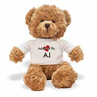 Adopted By AJ Teddy Bear Wearing a Personalised Name T-Shirt