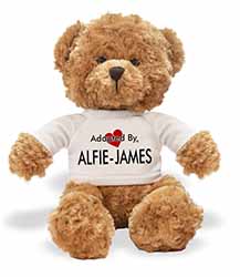 Adopted By ALFIE-JAMES Teddy Bear Wearing a Personalised Name T-Shirt