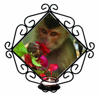 Monkey with Flowers Wrought Iron T-light Candle Holder Gift