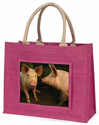 Pigs in Sty Large Pink Jute Shopping Bag