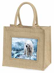 Polar Bear on Ice Water Natural/Beige Jute Large Shopping Bag