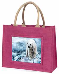 Polar Bear on Ice Water Large Pink Jute Shopping Bag
