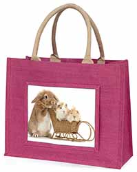 Rabbit and Guinea Pigs Large Pink Jute Shopping Bag