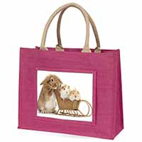 Rabbit and Guinea Pigs Large Pink Jute Shopping Bag