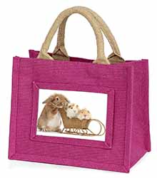 Rabbit and Guinea Pigs Little Girls Small Pink Jute Shopping Bag