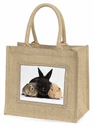 Rabbit and Guinea Pigs Print Natural/Beige Jute Large Shopping Bag