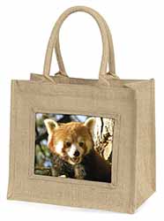 Red Panda Bear Natural/Beige Jute Large Shopping Bag