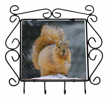 Red Squirrel in Snow Wrought Iron Key Holder Hooks