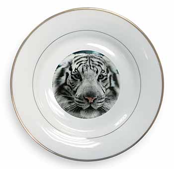 Siberian White Tiger Gold Rim Plate Printed Full Colour in Gift Box